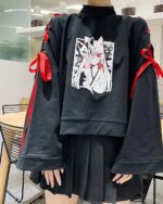 Black Kitsune Bowed Sweatshirt featuring an anime illustration with red accents and ribbon details.