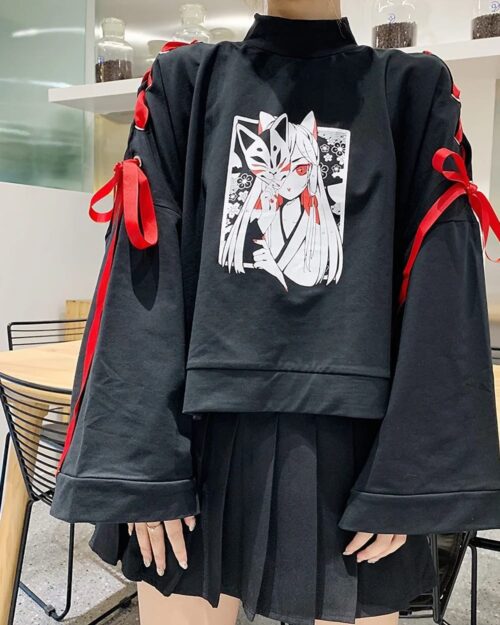 Black Kitsune Bowed Sweatshirt featuring an anime illustration with red accents and ribbon details.