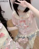 Lolita Skirt Top Set featuring a pink and white print with cartoon characters.