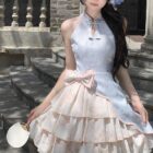 A light blue Qi Lolita Dress with floral print and layers, featuring a bow detail.