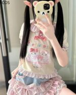 Lolita Skirt Top Set featuring a teddy bear graphic, layered skirt and top.