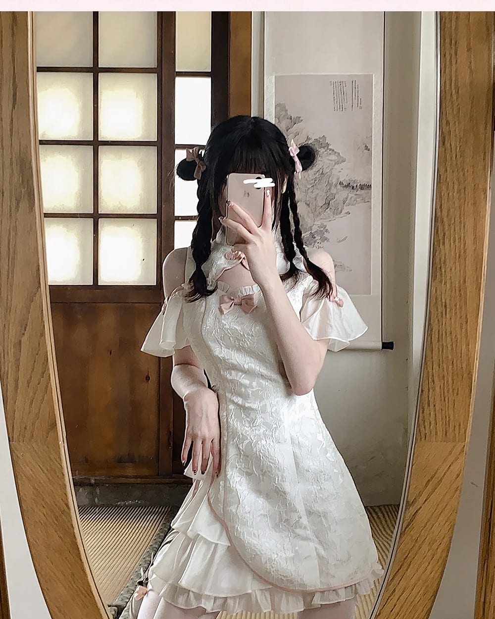 White Qi Lolita Dress with lace and ruffled details, featuring off-the-shoulder sleeves.