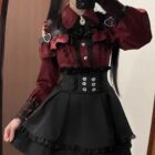 Red and black Jirai Kei Dress Collection featuring a ruffled blouse and gathered skirt with a corset belt.