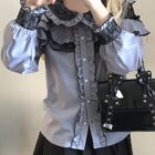Gray Jirai Kei Blouse with lace details and ruffles.