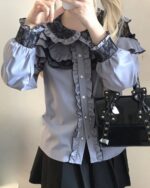 Gray Jirai Kei Blouse with lace details and ruffles.