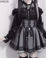 Black Jirai Kei Clothing Set: A detailed top and skirt outfit with lace, ruffles, and plaid detailing.