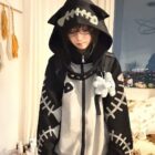 Black Fish Bone Hoodie with a harajuku aesthetic, featuring a hood and decorative bone pattern.