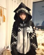 Black Fish Bone Hoodie with a harajuku aesthetic, featuring a hood and decorative bone pattern.