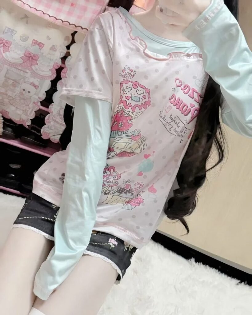 Long Sleeves Mezzo Piano T-Shirt featuring a pastel pink and blue design with cartoon characters.