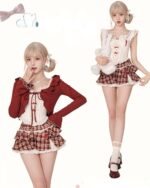 Kawaii Coquette Aesthetic Dress set: a red corset top and plaid mini skirt with ruffled details.