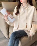 Loose Thickened Pullover Hoodie - Ethno-Chic Hoodie, beige color, with embroidered details and a drawstring.