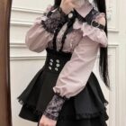 Jirai Kei Dress Collection - Pink and black lace-trimmed top with skirt, detail shot.