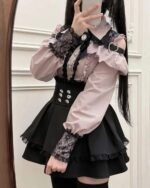 Jirai Kei Dress Collection - Pink and black lace-trimmed top with skirt, detail shot.