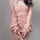 Pink Knitted Mini Dress Set - Korean Aesthetic, featuring a cable-knit design and open-shoulder styling.