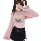Butterfly Top Two Piece Set - Grunge Aesthetic Fairy Grunge Set, featuring a pink cropped sweater and black skirt.