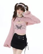 Butterfly Top Two Piece Set - Grunge Aesthetic Fairy Grunge Set, featuring a pink cropped sweater and black skirt.