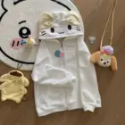 Cream Neko Hoodie - Jojifuku Aesthetic, white zip-up hoodie with cat ears and tags.