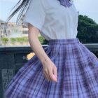 A purple and white JK Plaid Skirt, part of the Summer Plaid Skirt Collection.
