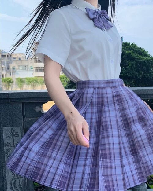 A purple and white JK Plaid Skirt, part of the Summer Plaid Skirt Collection.