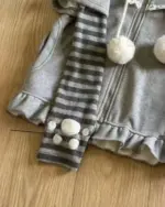 Gray Striped Sleeves Neko Hoodie with paw accents and pom-poms.