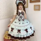 Frilly Ribbon Dress - Hime Lolita Dress featuring a light blue layered skirt and brown accents.