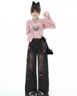 Butterfly Top Two Piece Set - Grunge Aesthetic featuring a pink sweater and wide-leg cargo pants.