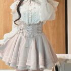 Jirai Kei Set: Off-shoulder blouse and ruffled skirt with corset.