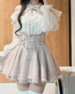 Jirai Kei Set: Off-shoulder blouse and ruffled skirt with corset.