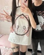 Neko Print Matching T-Shirt showcasing a white graphic print on a casual top.