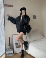 Model wearing a Korean Style Jacket with a black beret and boots.