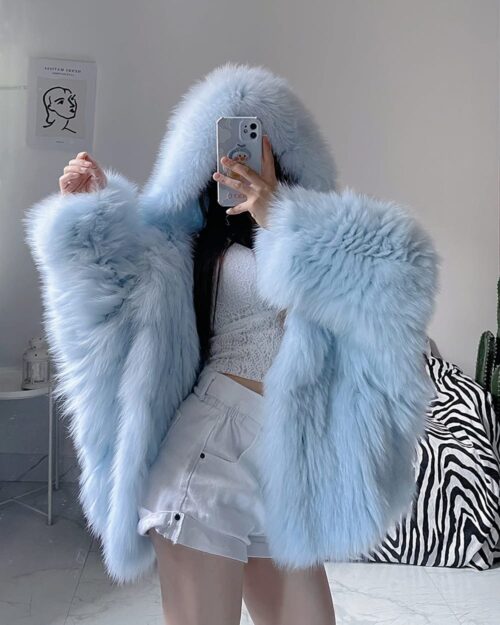 Light blue Thick Fluffy Faux Fur Coat with a hood, showcasing its plush texture.