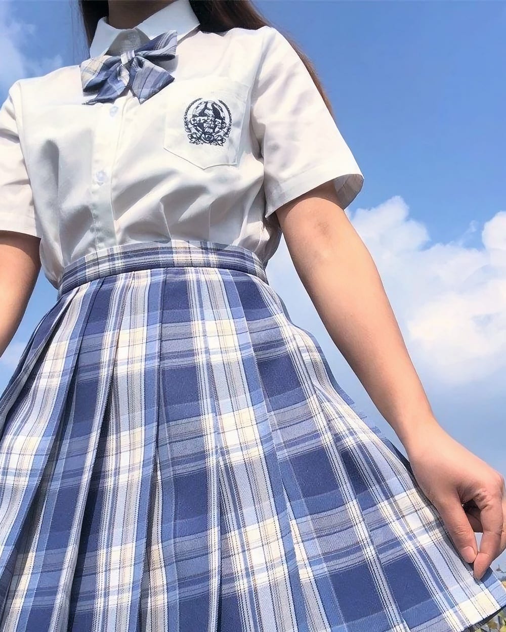 Blue and white plaid JK Plaid Skirt with matching school uniform.