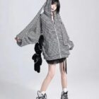 Black and white striped Long Eared Bunny Hoodie, Harajuku aesthetic style.