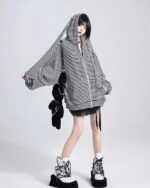 Black and white striped Long Eared Bunny Hoodie, Harajuku aesthetic style.
