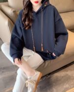 Dark blue Ethno-Chic Hoodie, loose fit with drawstring hood and tassels.