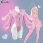 KORURACLUB Knitted Bunny Girl Jumpsuit, pink, hooded, with long sleeves and legs.