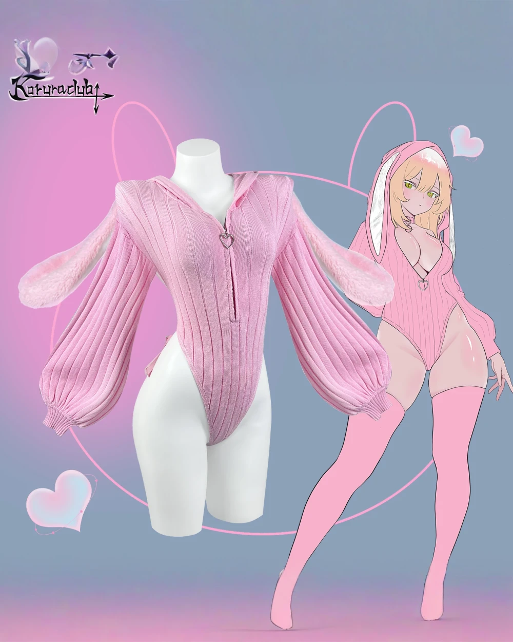 KORURACLUB Knitted Bunny Girl Jumpsuit, pink, hooded, with long sleeves and legs.