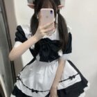 Maid Uniform Set - Kawaii Clothes, a black and white outfit with frills and a headband.