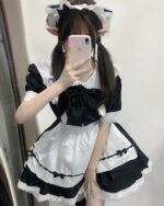 Maid Uniform Set - Kawaii Clothes, a black and white outfit with frills and a headband.