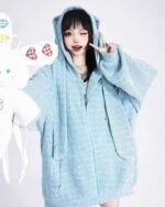 Light blue Long Eared Bunny Hoodie with oversized hood and ears, Harajuku aesthetic.