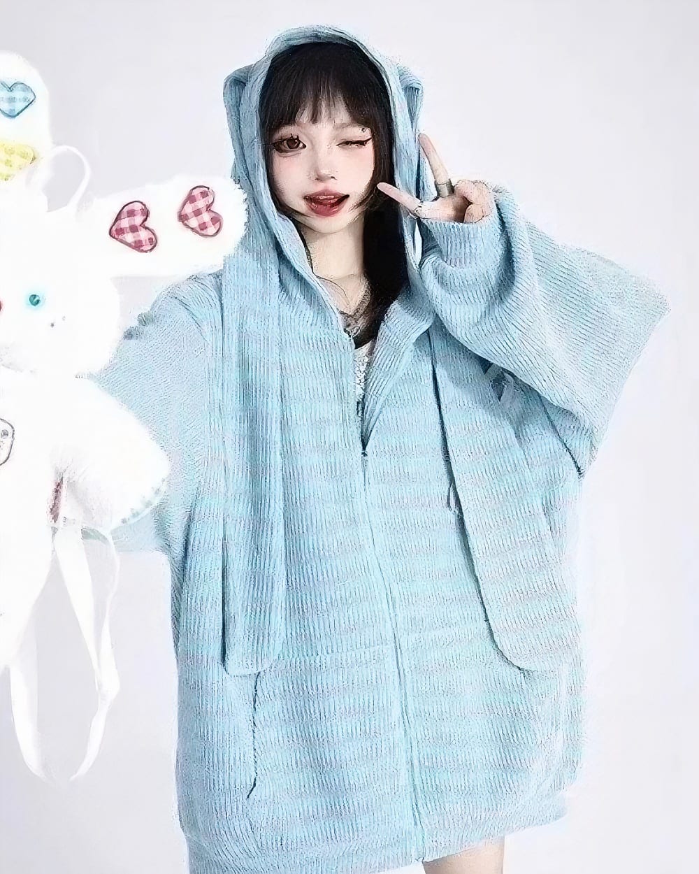 Light blue Long Eared Bunny Hoodie with oversized hood and ears, Harajuku aesthetic.
