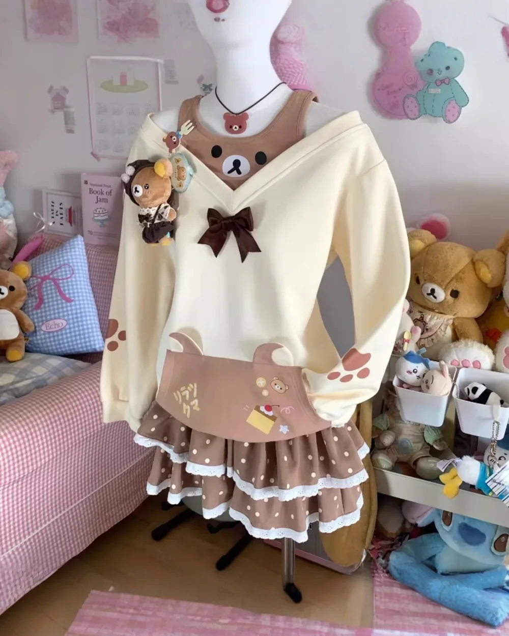 Kawaii Bear Sweatshirt - Yume Kawaii Aesthetic, paired with a layered skirt and plush toys.