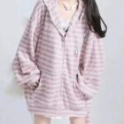 Pink striped Long Eared Bunny Hoodie, oversized style with bunny ears.