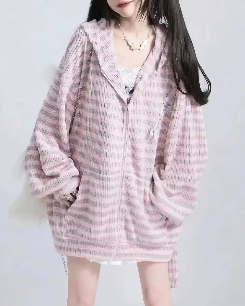 Pink striped Long Eared Bunny Hoodie, oversized style with bunny ears.