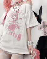 White Animecore Aesthetic Tee featuring a pink anime illustration, worn by a model.
