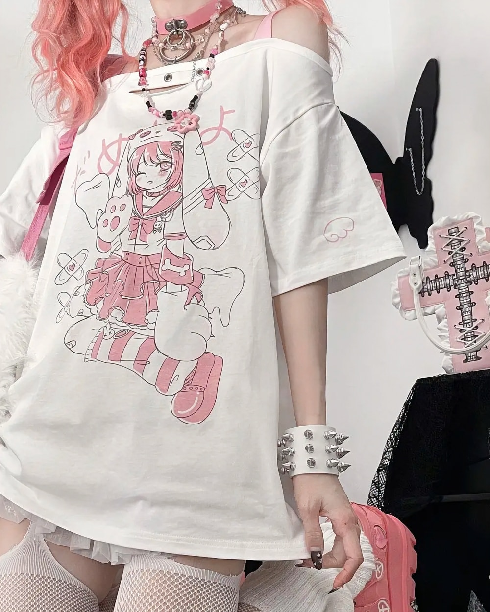White Animecore Aesthetic Tee featuring a pink anime illustration, worn by a model.