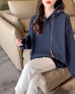 Dark blue Ethno-Chic Hoodie, loose fit, with drawstring hood and sleeves.