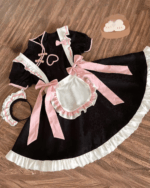 Black and pink Kawaii Maid Dress with frills and apron, cosplay outfit.