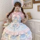 A young woman wearing a Frilly Ribbon Dress - Hime Lolita Dress, featuring layers, ruffles, and a decorative bonnet.