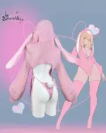KORURACLUB Knitted Bunny Girl Jumpsuit featuring a pink hooded design with attached ears and long sleeves.